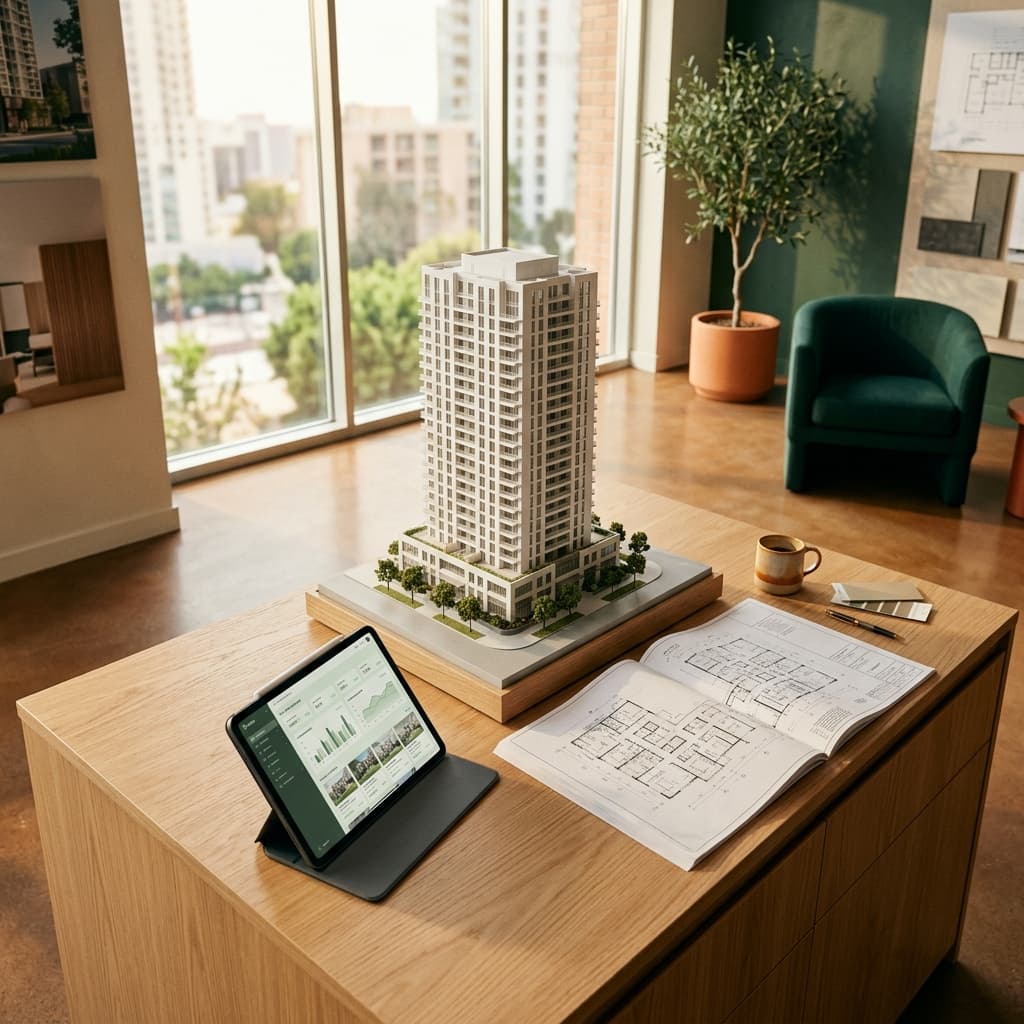 Maqueta arquitectónica de torre residencial sobre mesa de showroom