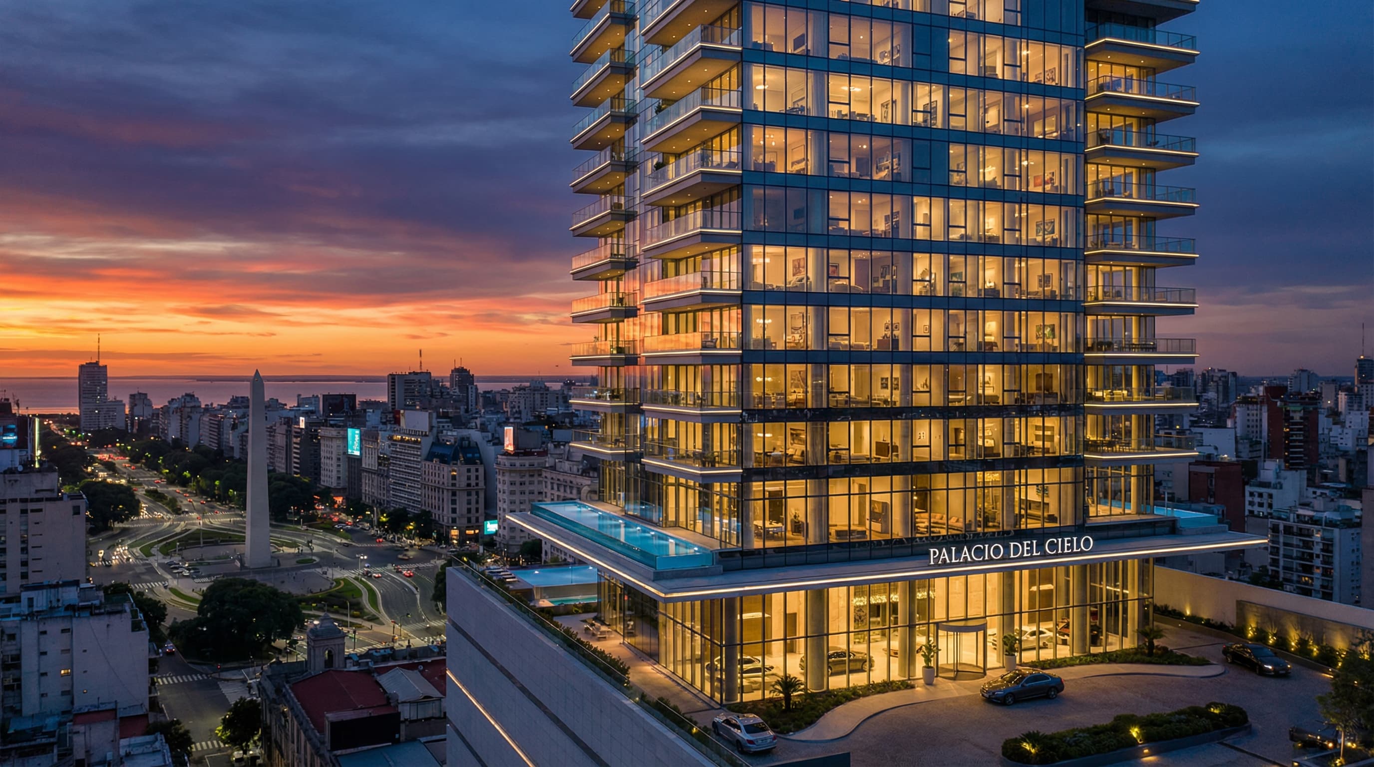 Torre residencial premium iluminada de noche en Buenos Aires